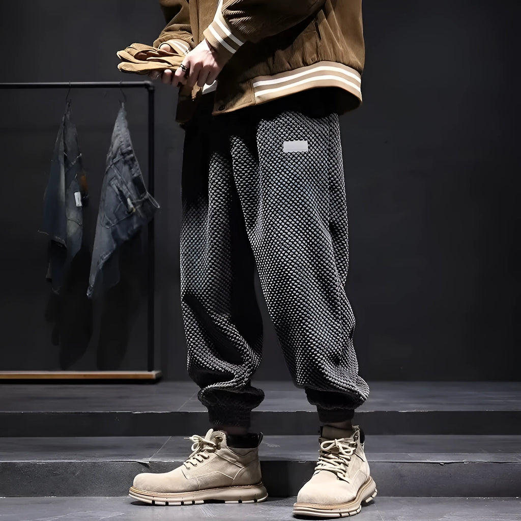 Men's grey ankle tie casual sweatpants with straight leg fit and non-ironing polyester blend fabric