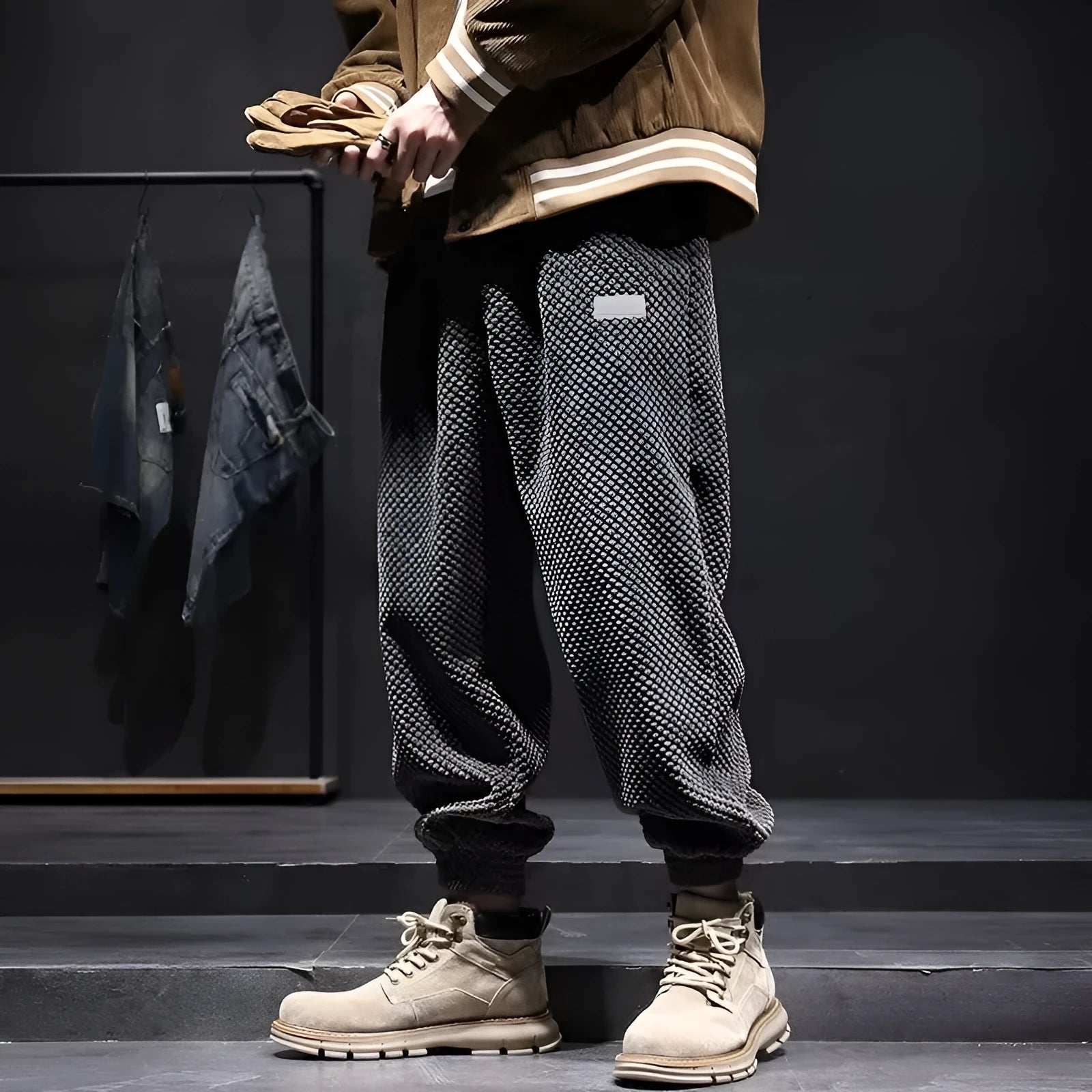 Men's grey ankle tie casual sweatpants with straight leg fit and non-ironing polyester blend fabric