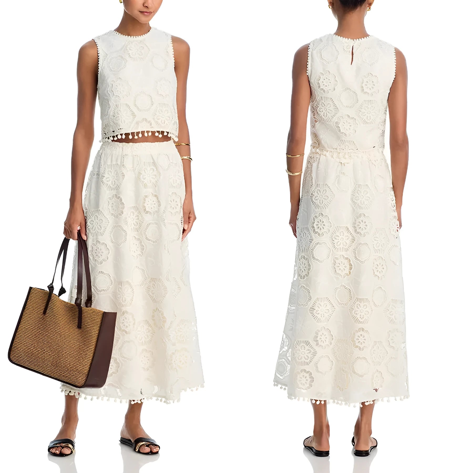 White women's two-piece suit set with embroidered sleeveless top and long skirt in retro style