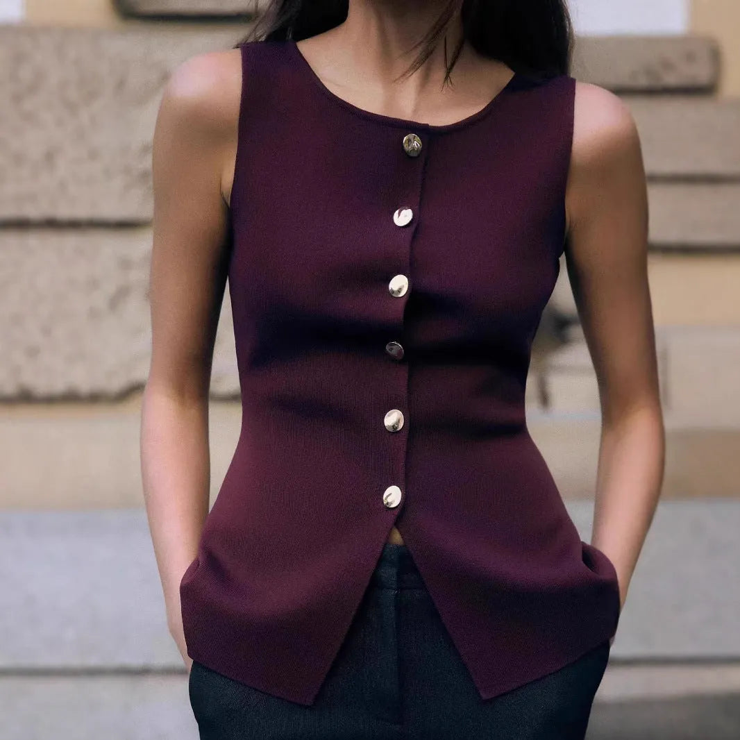 Slim-fit dark red viscose vest with gold buttons and a 3D textured pattern.