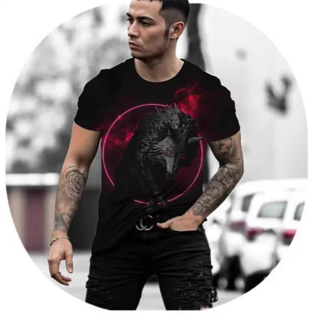 Retro 3D animal print on a men's short-sleeved light grey pullover T-shirt.