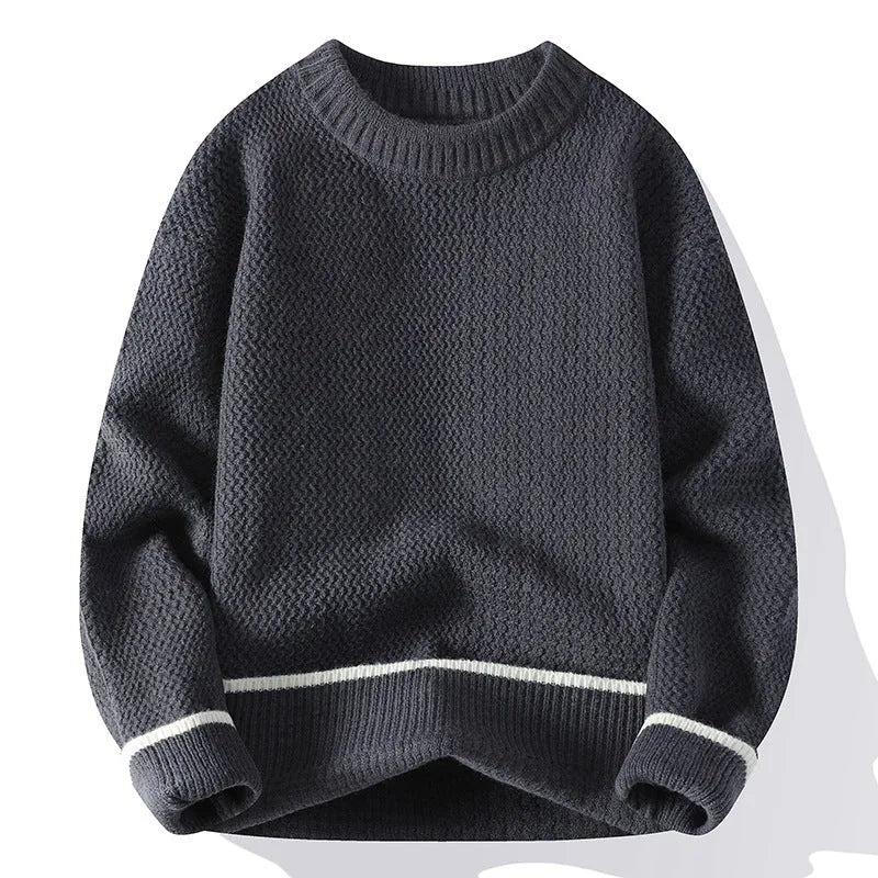 Men's grey casual pullover sweater with crew neck and long sleeves