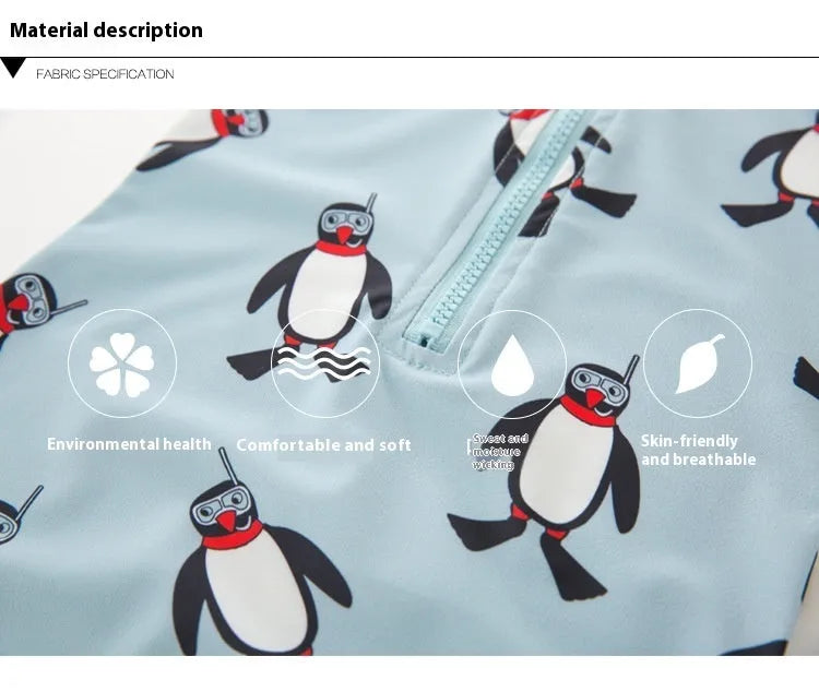 Boy's penguin print long sleeve swimsuit set with swimming cap for sun protection