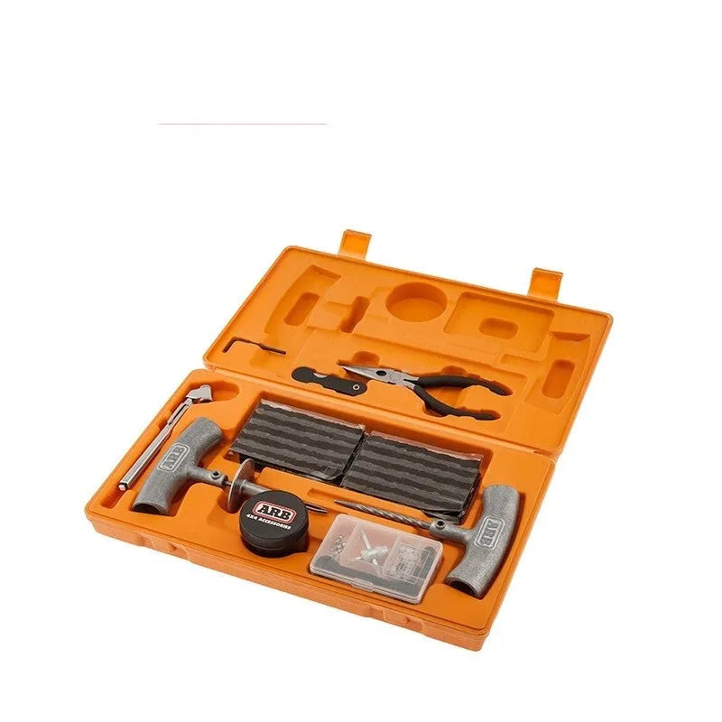 Emergency tyre repair tool set in compact case with tyre pressure gauge and spring steel insertion tools