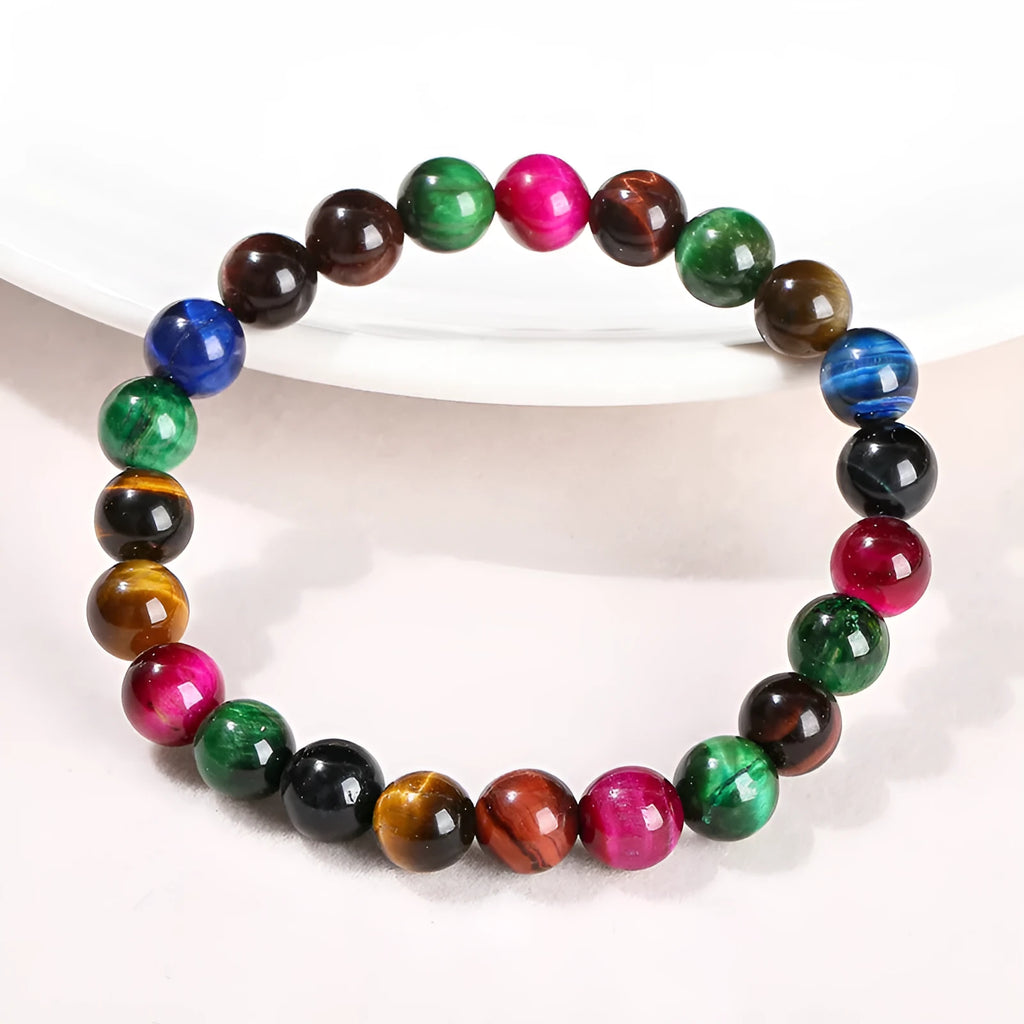 Colourful tiger-eye stone bracelet with mixed 6mm, 8mm, 10mm, 12mm beads on string