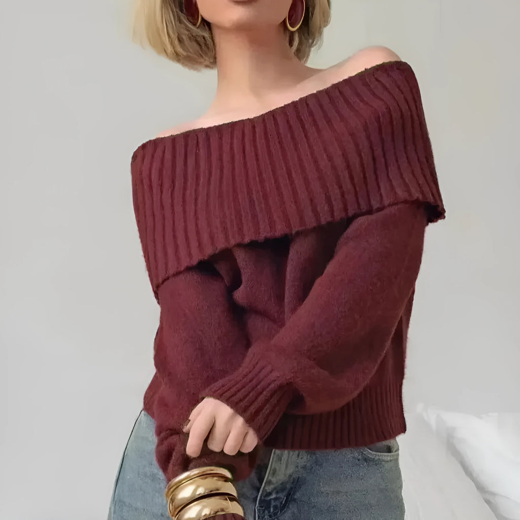 Grey off-the-shoulder acrylic sweater with 3D pattern, regular sleeves, and strapless design