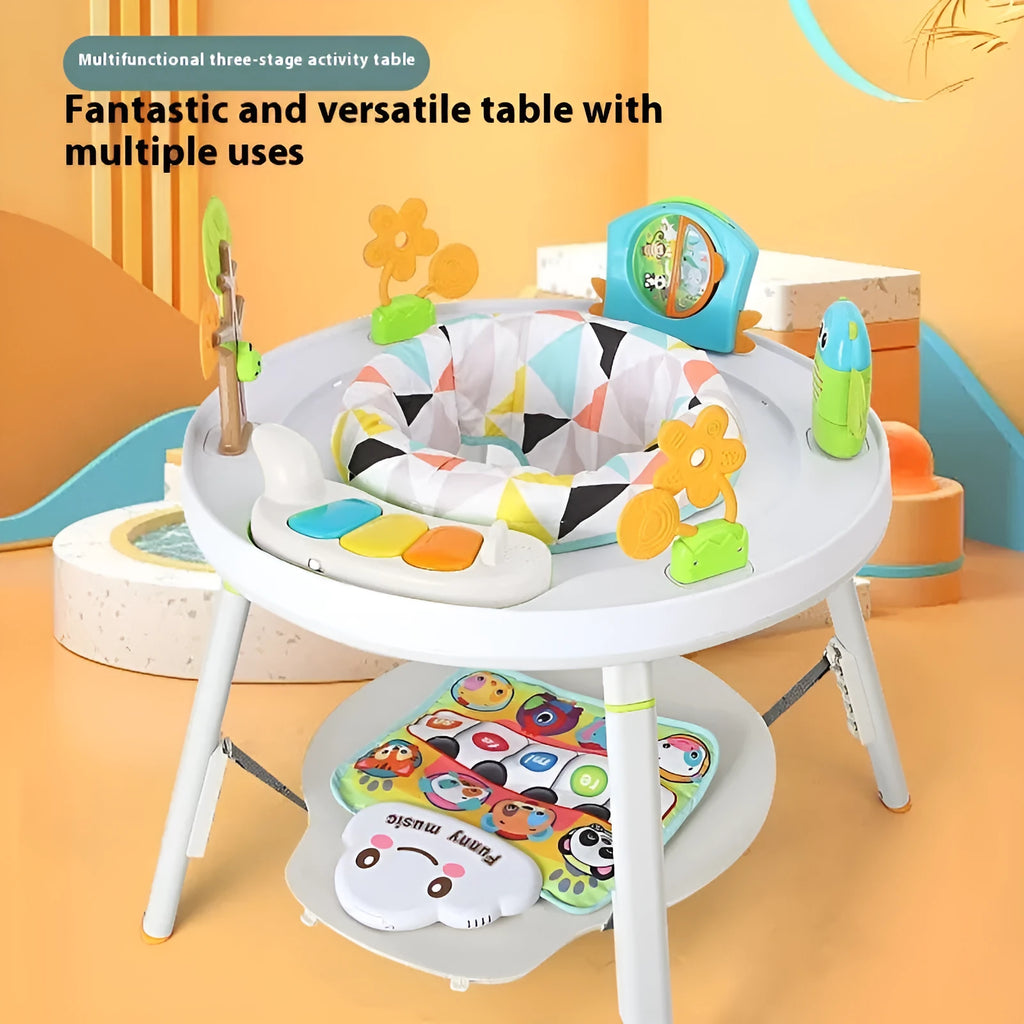 Baby jumping chair with three-in-one gymnastic rack function in plastic construction