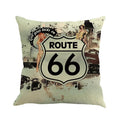 Square linen blend cushion cover with a printed US Route 66 landscape design
