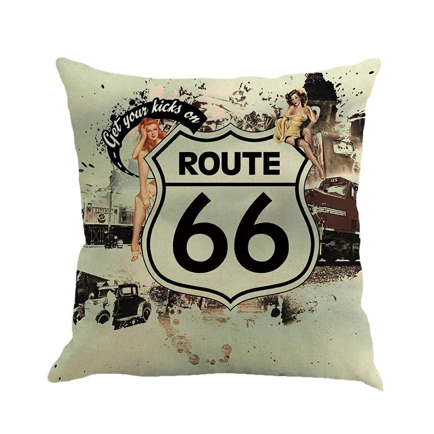 Square linen blend cushion cover with a printed US Route 66 landscape design