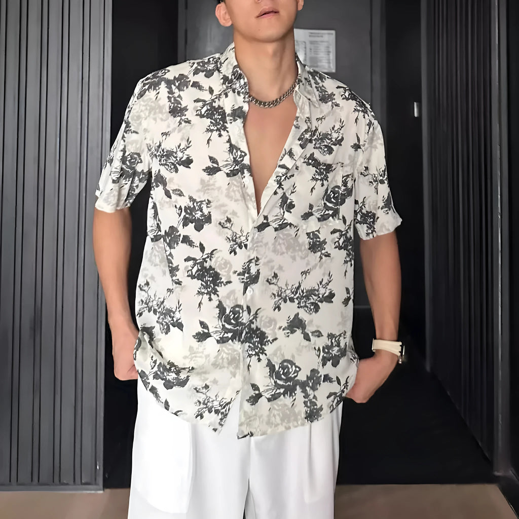 Men's loose fit casual shirt with floral pattern and short sleeves in black or white