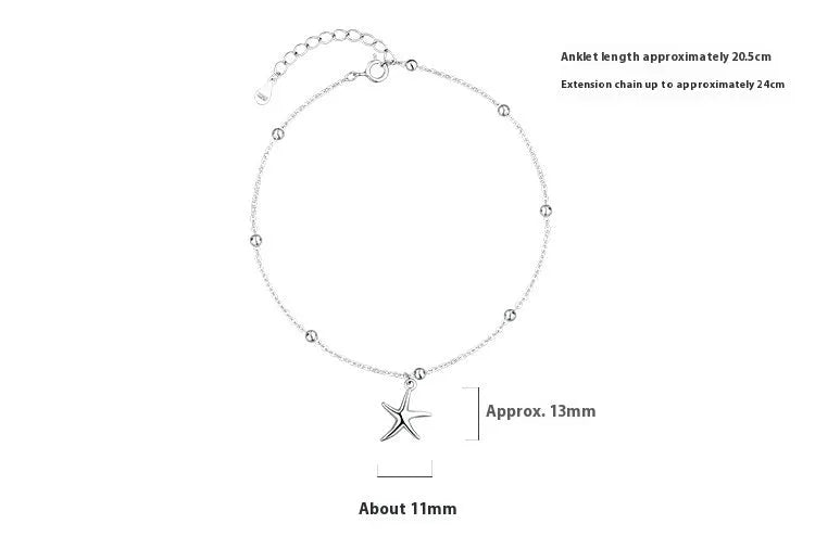Sterling silver anklet with starfish charm and round beads on ankle