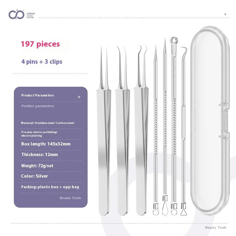 Four silver metal acne needles with fine points held together by a metal clip.