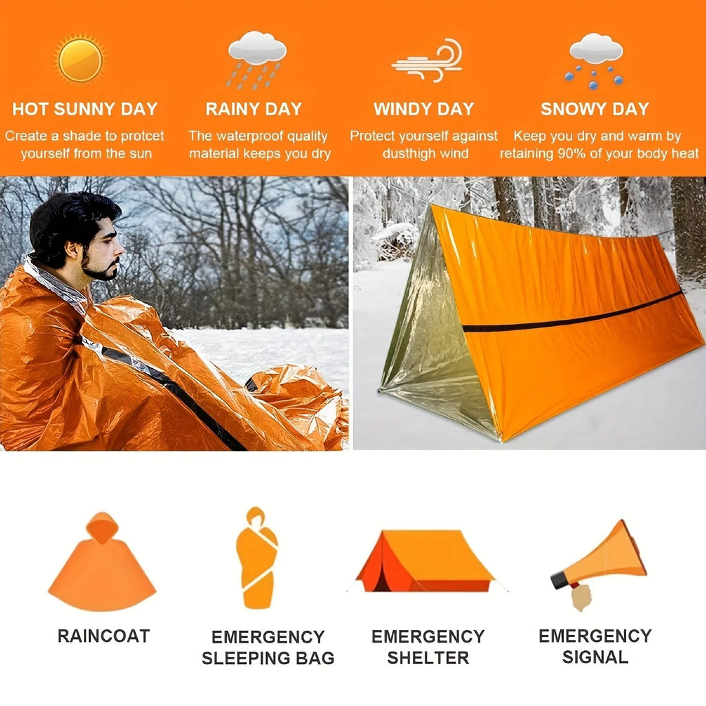 Portable emergency sleeping bag, blanket, and tent in green or orange, thermal and waterproof for camping and survival