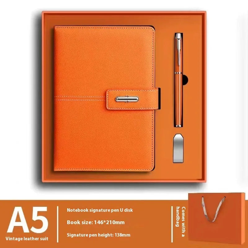A5 notebook with PU leather cover shown in multiple colour options including black, red, green, blue, and orange.