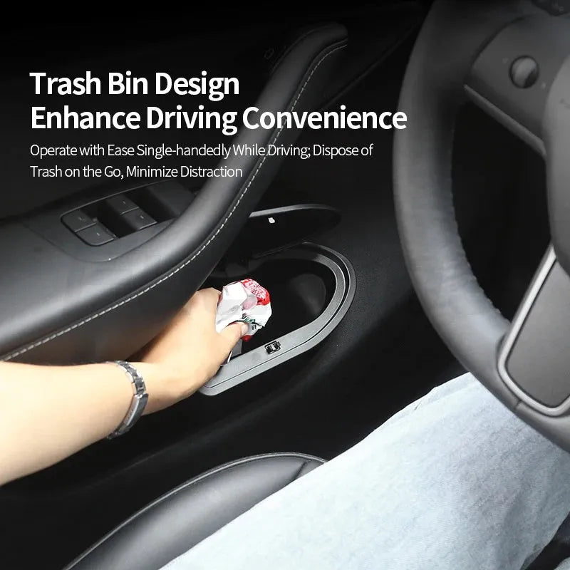 Black waterproof car door trash cans for Tesla Model Y front seats, ABS plastic twin pack