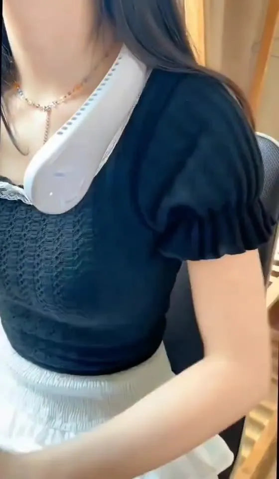 Blue USB rechargeable bladeless neck fan hanging on a flexible neckband.