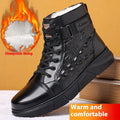 Men's black genuine leather snow boots with integrated fur trim and lace-up front.