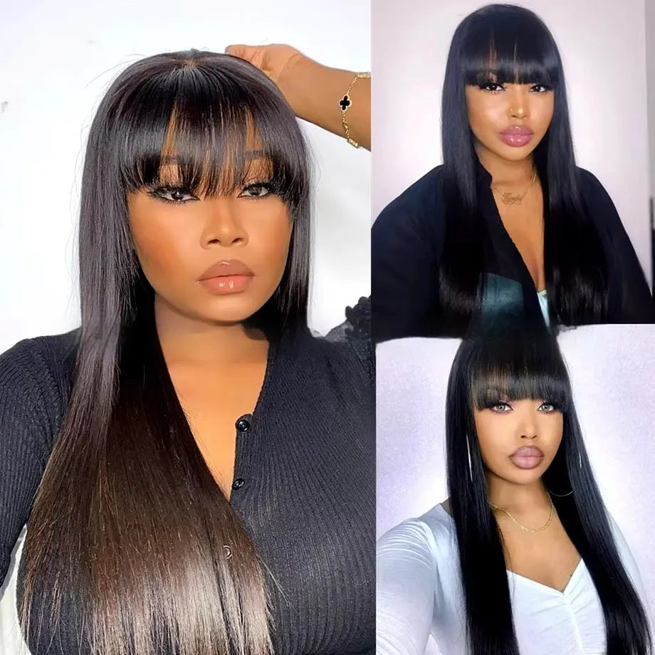 A woman wearing a natural colour human hair full lace wig with long, straight hair.