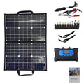 Black folding bag portable solar panel charger showing 40W power and folded size.