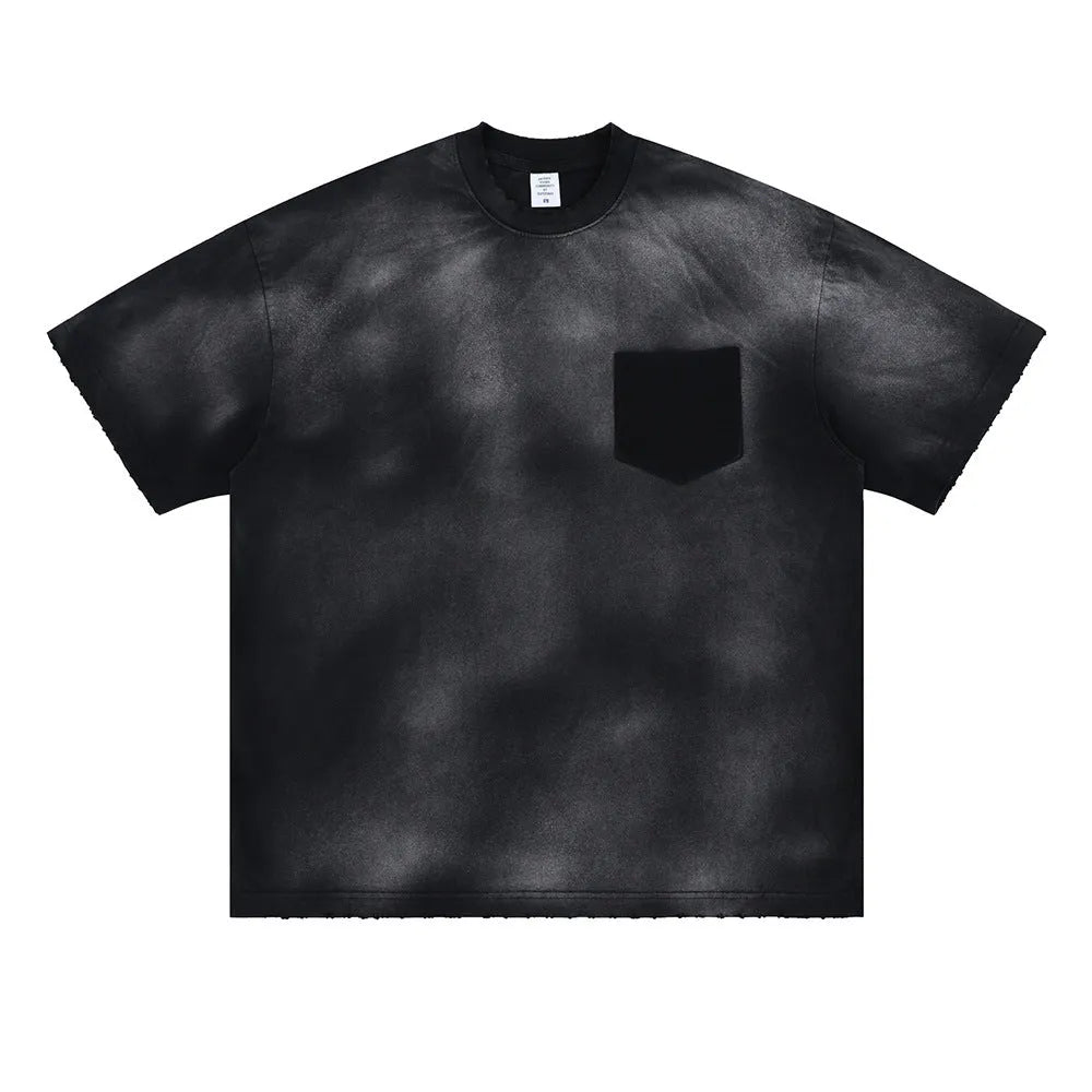 Men's black loose cotton t-shirt with printed letters and drop-shoulder short sleeves.