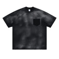 Men's black loose cotton t-shirt with printed letters and drop-shoulder short sleeves.
