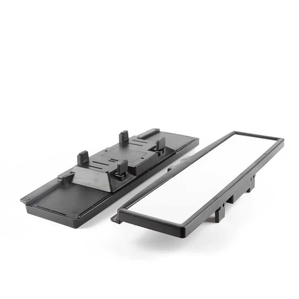 Square blue plastic car rearview mirror with a wide flat glass and integrated LED lighting strips on the housing.