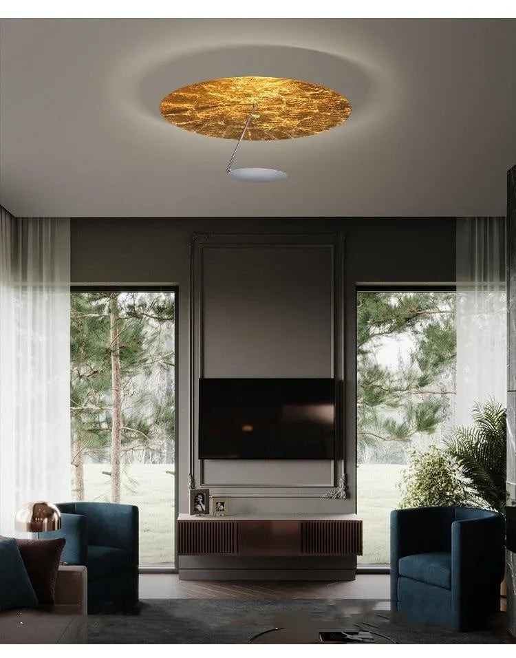 Modern iron ceiling lamp in white gold finish, 50cm diameter, with warm LED light.