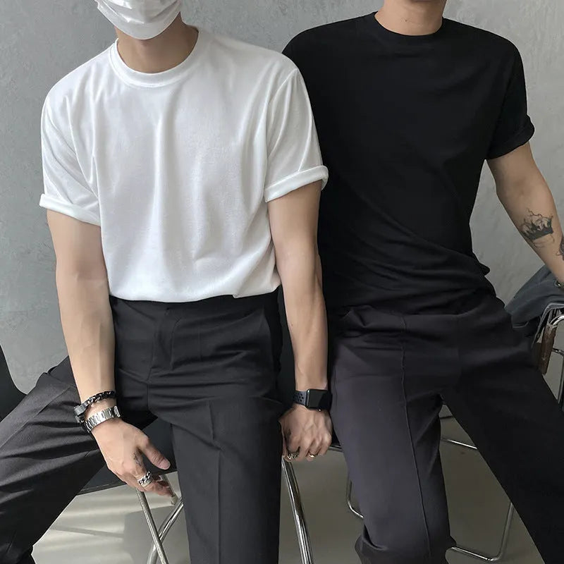 Men's slim-fit cotton t-shirt in white and black, showing round neck and half sleeves.