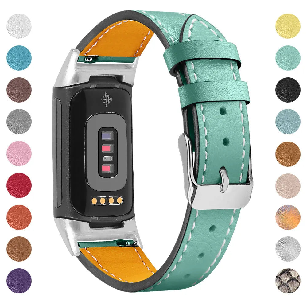 Genuine leather strap for Fitbit Charge 5 and Charge 6 smartwatch in apricot colour.