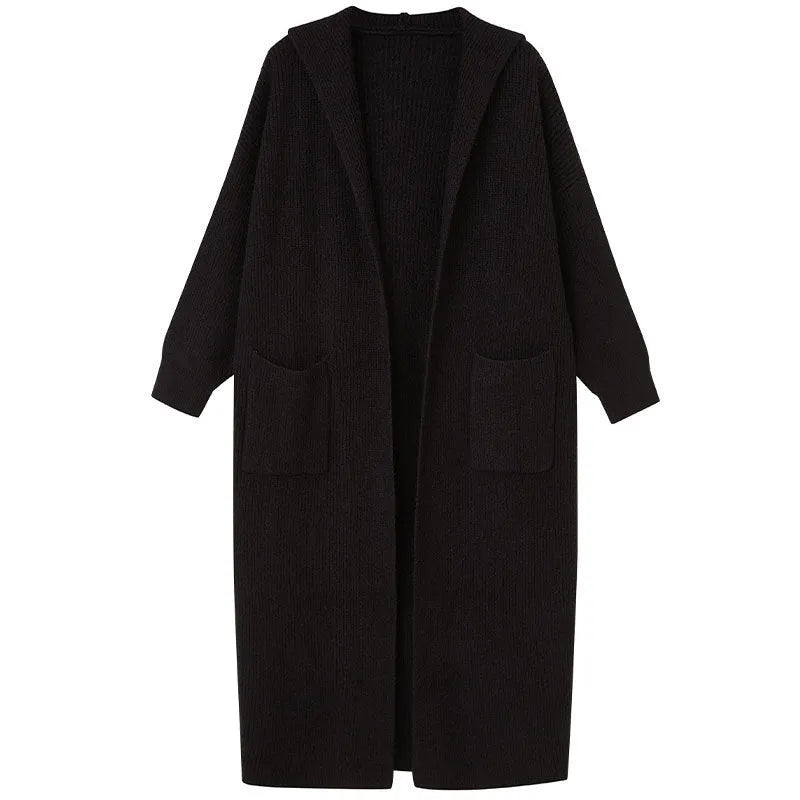 Women's long knitted cardigan hooded trench coat in wool blend fabric