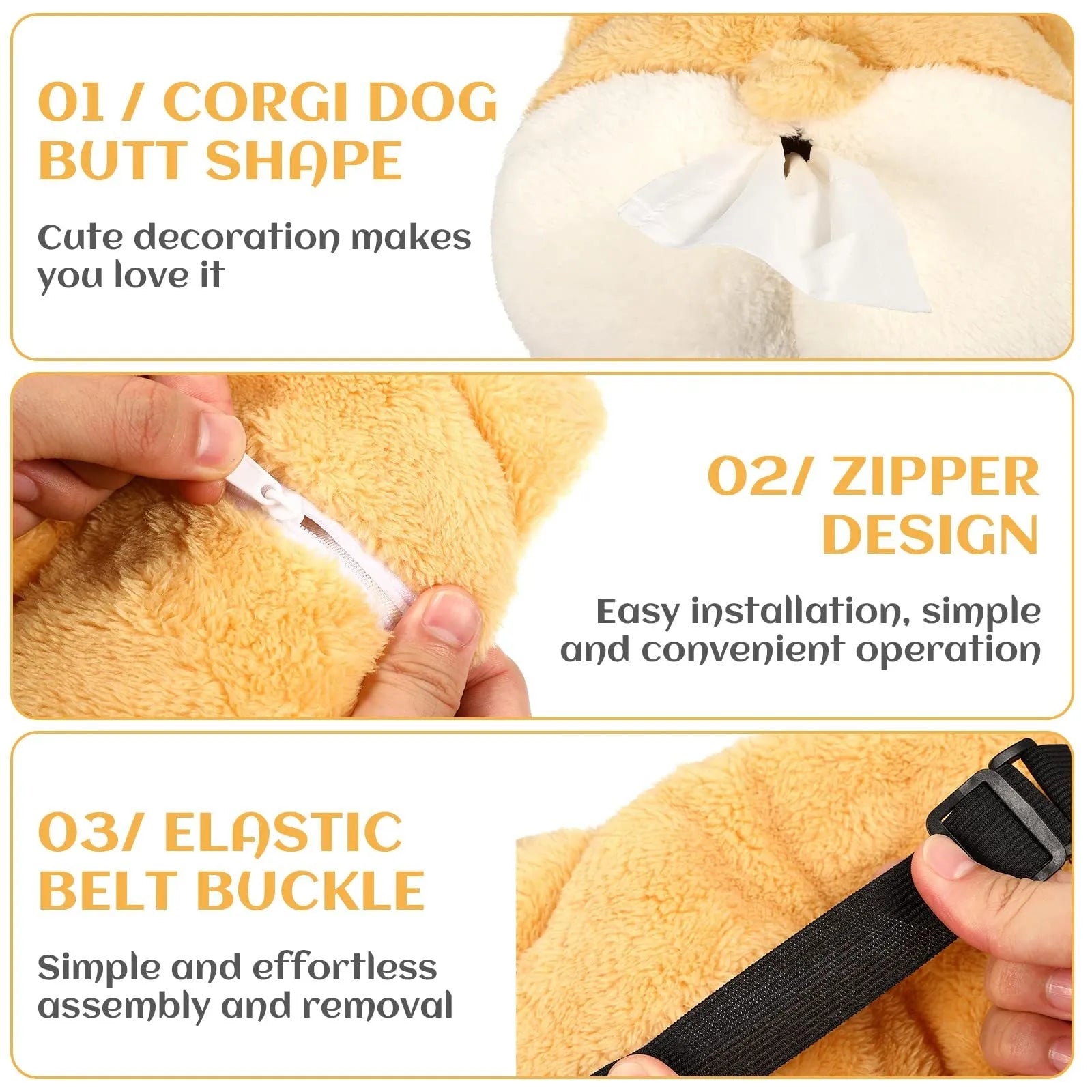 Yellow soft Corgi butt-shaped tissue box cover with elastic strap for car visor or home use.