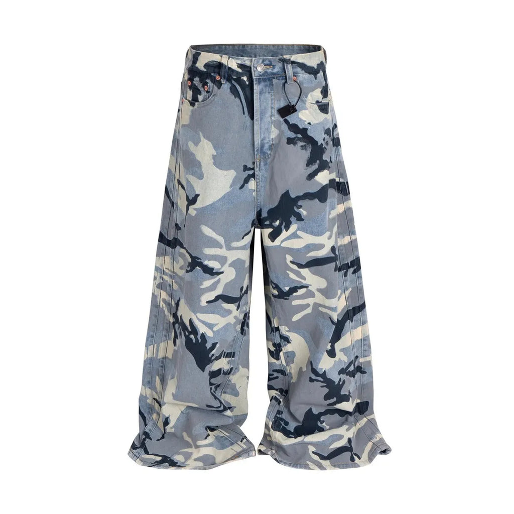 Snow camouflage blue loose-fit jeans with a mid waist on a hanger