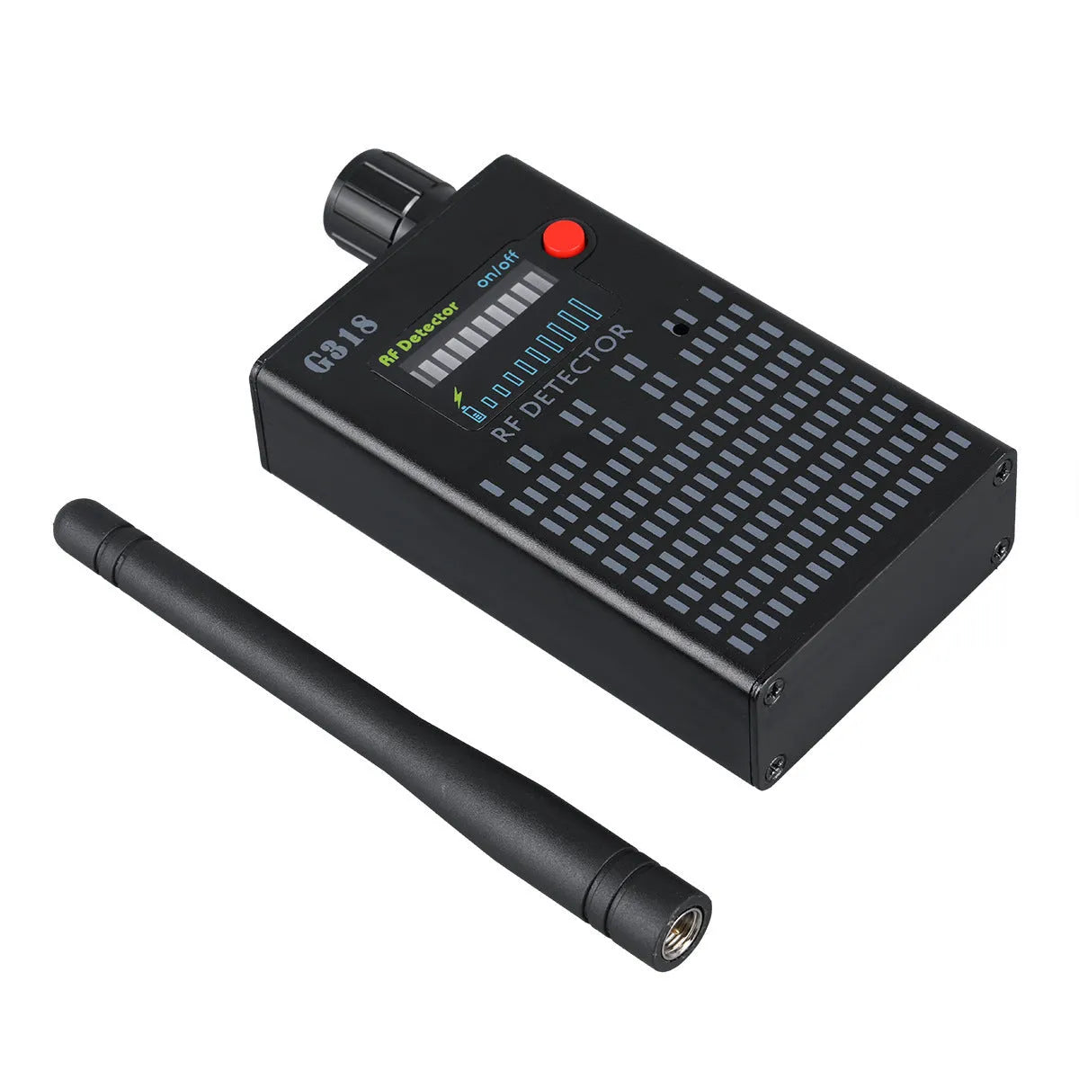 G318 black aluminium alloy anti-theft camera detector with dimensions 102mm by 52.5mm