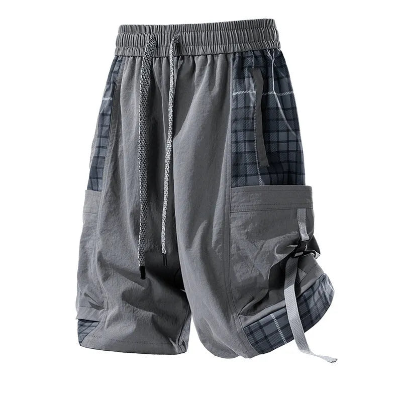 Men's loose fit cargo shorts with plaid stitching in black, grey colours.