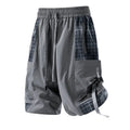 Men's loose fit cargo shorts with plaid stitching in black, grey colours.