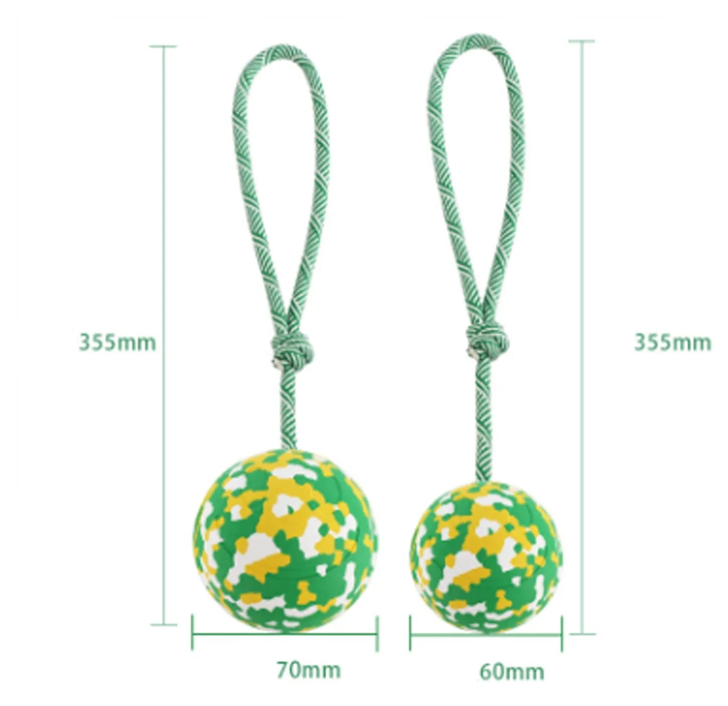 Natural rubber dog ball attached to a nylon rope for interactive fetch and tug-of-war play.