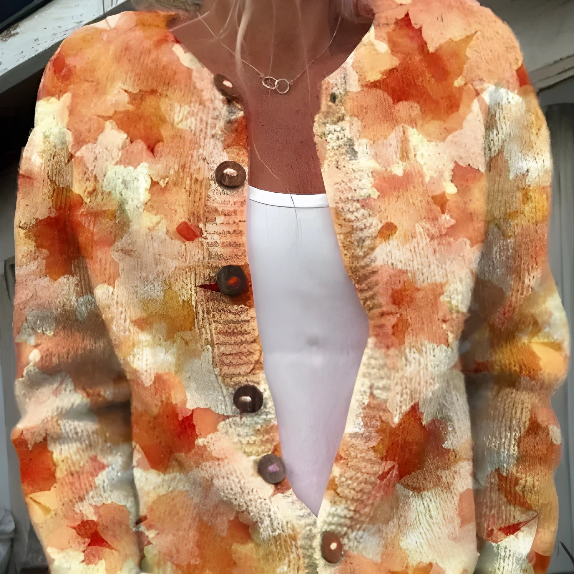 Yellow cardigan knitted coat with a 3D digital print pattern, shown open with regular sleeves.