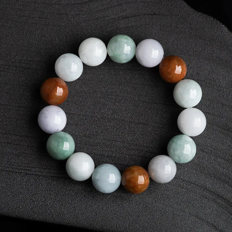 Women's Myanmar jade tricolour bracelet with 13mm round beads and certificate