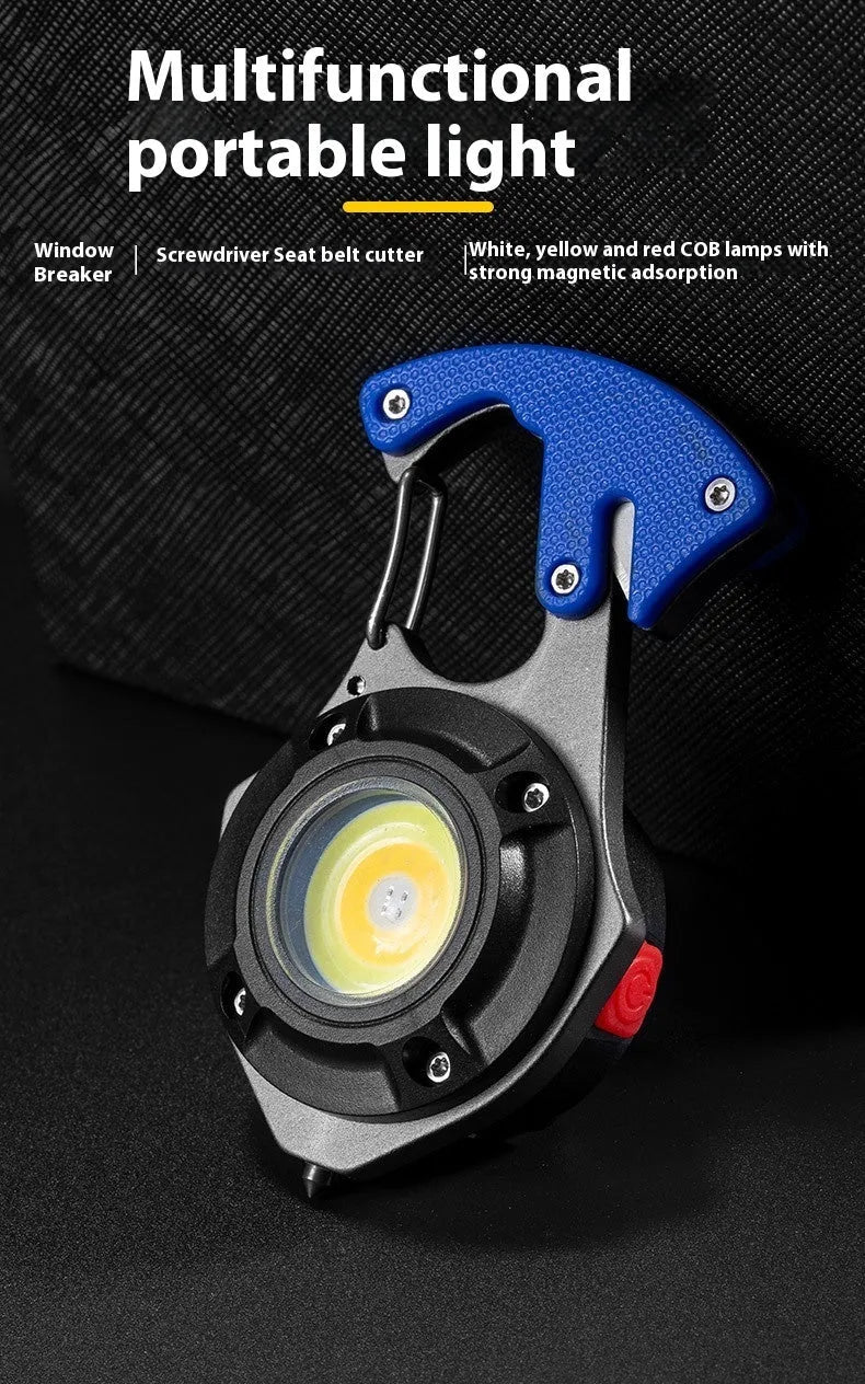 Silver and black multifunctional keychain light with LED array, window breaking hammer tip, and screwdriver.
