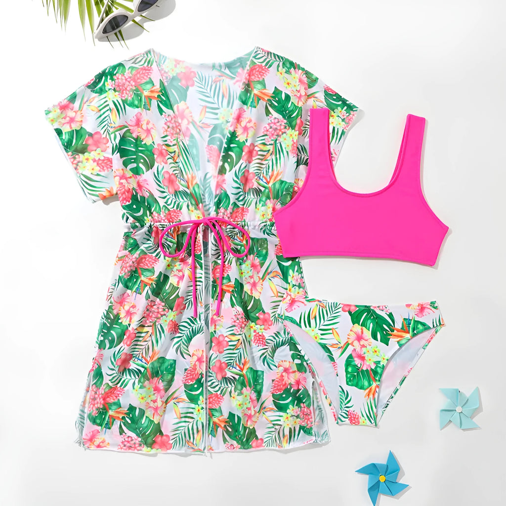 Girls' floral two-piece swimsuit set with matching overclothes in Korean style