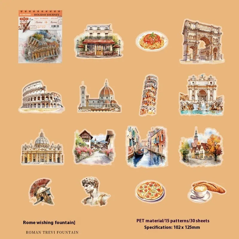 Holiday Journey Series architecture journal stickers with retro illustrations of seven famous landmarks