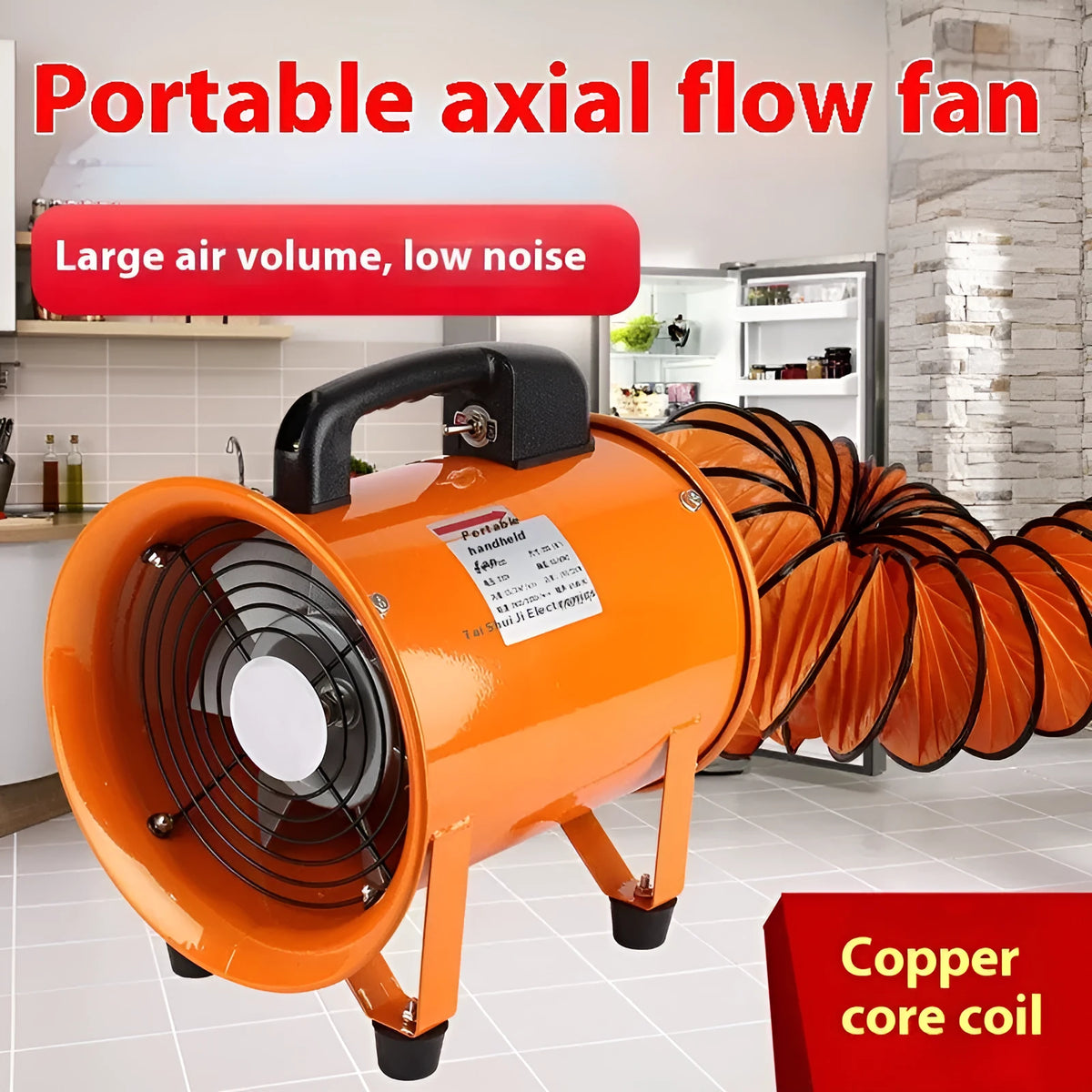 Silver portable industrial axial flow fan with attached flexible duct on a workshop floor.