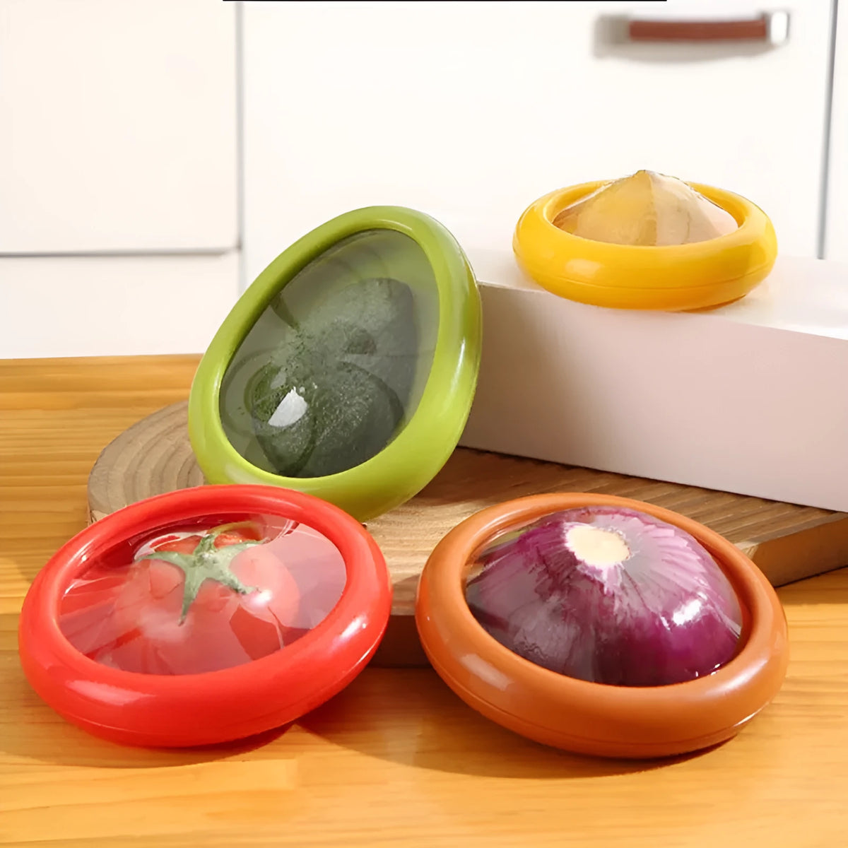 Oval plastic crisper with transparent film lid for vegetable and fruit storage, available in Yellow, Red, Green, Brown or four piece set