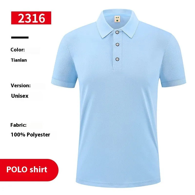 Short sleeve ice silk polo shirt with advertising logo in multiple colours on a hanger