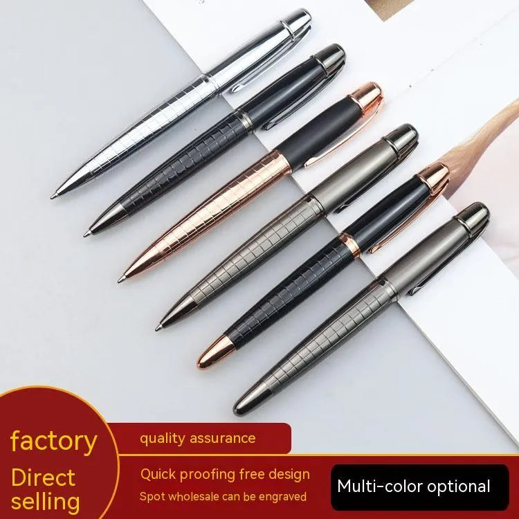 Gun gray metal roller pen showing 13.5cm length with black or blue ink refill options
