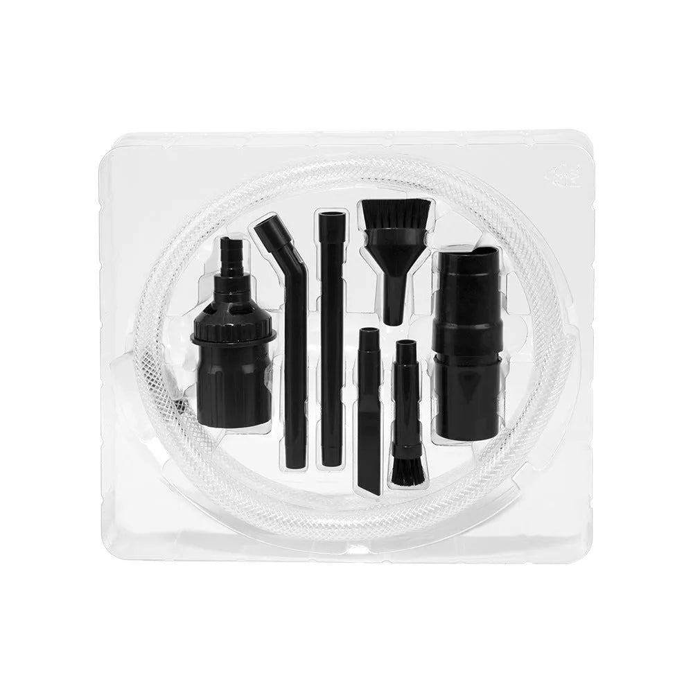 Eight-piece vacuum cleaner accessory set with small suction heads for detailed dust collection