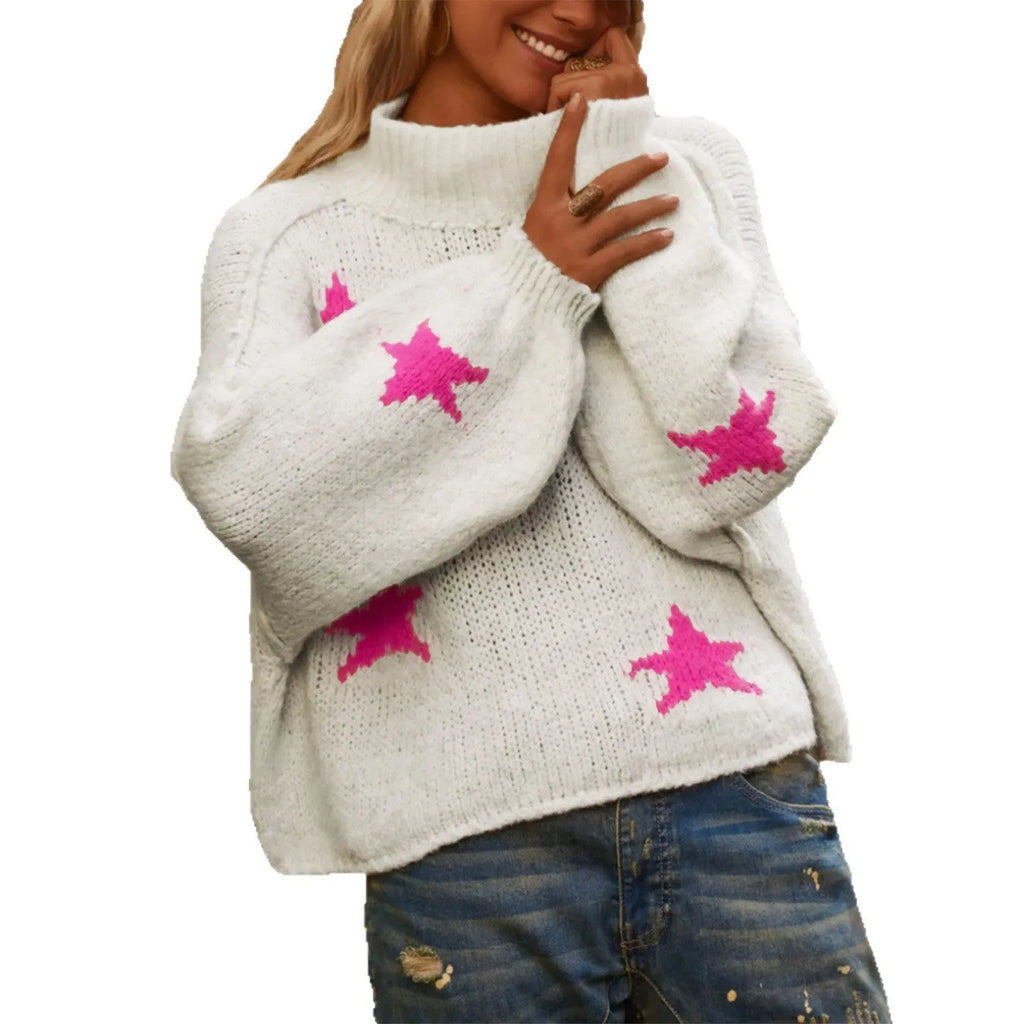 White women's turtleneck pullover with contrast star pattern on imitation velvet fabric