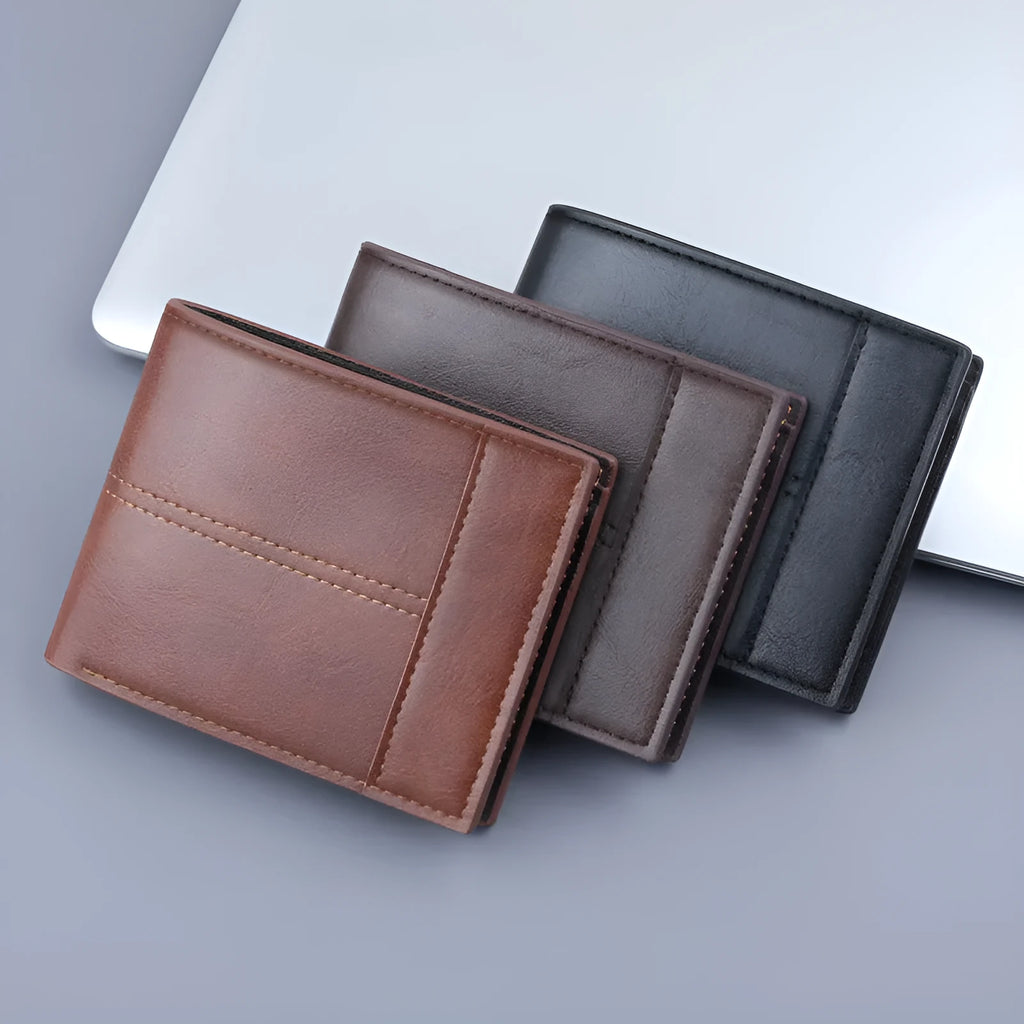 Men's short clip wallet in PU, 11.5 x 9.2 x 2cm, two-fold horizontal design, shown in black, dark brown and light brown
