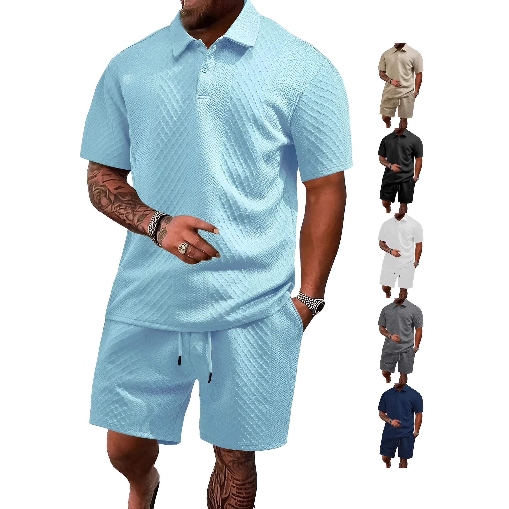 Men's patterned cloth casual suit set showing short sleeve polo shirt and trousers in multiple colour options