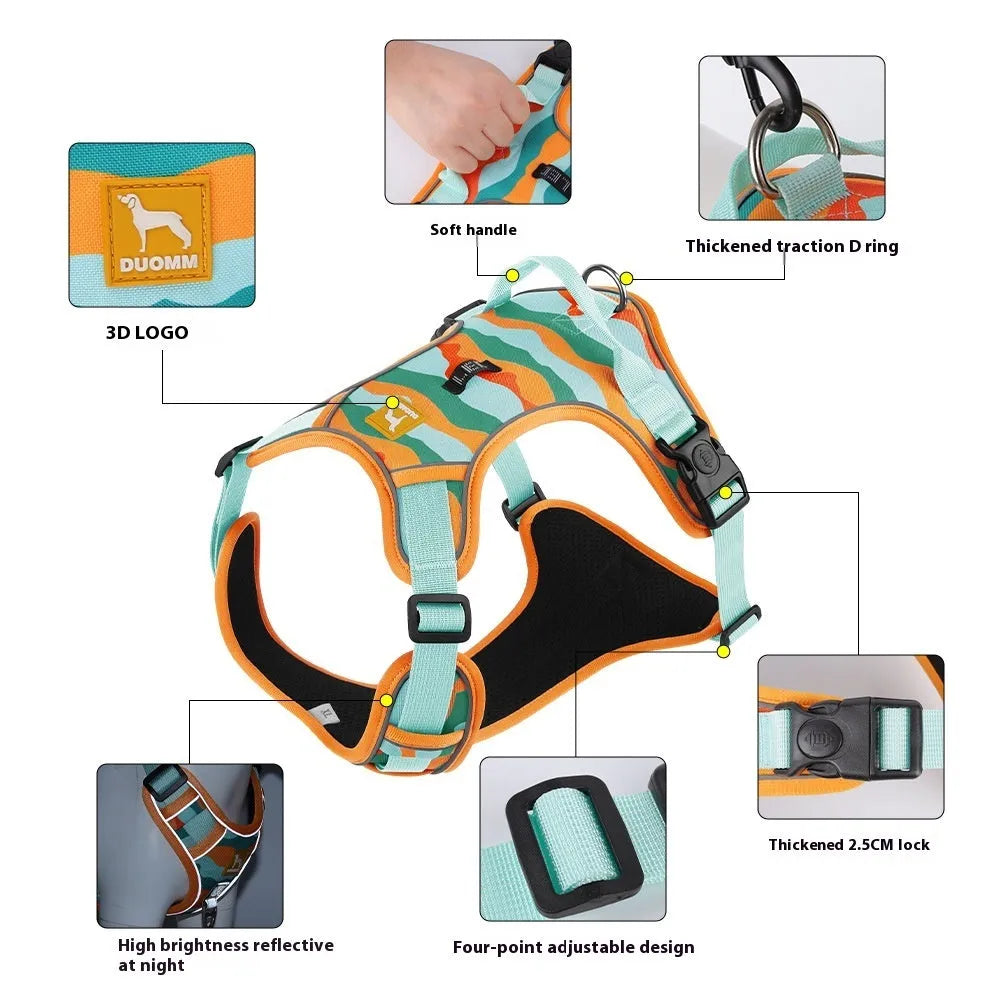 Orange dog harness and lead with chest strap, handle, and reflective strips for commuter safety.